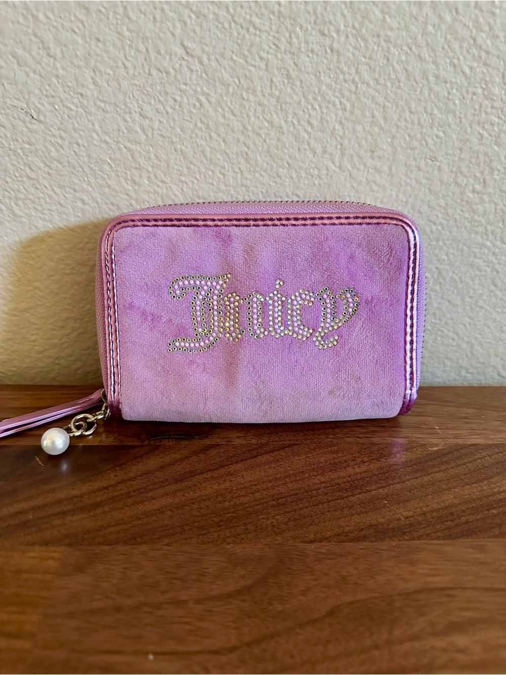Juicy Couture Pink Velour Rhinestone Double Zip Wallet Y2K